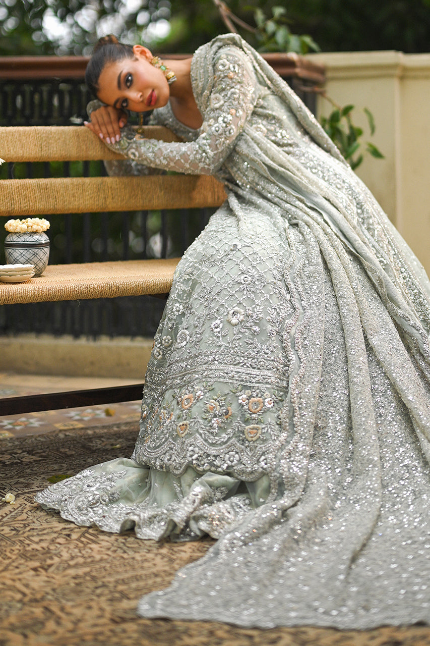 Pakistani Mint Zardozi Net Pishwas Dress (3-Piece) - Image 3