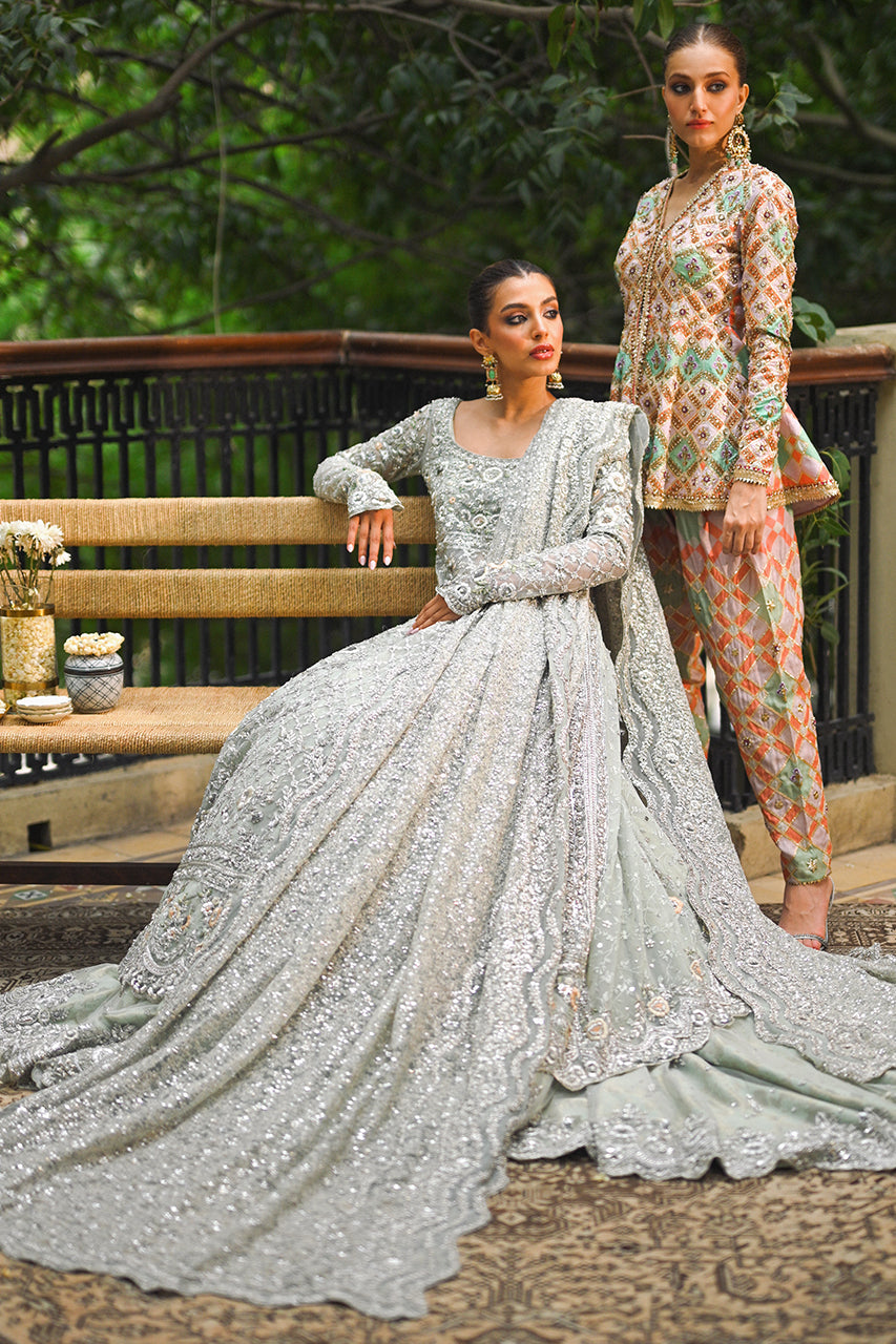 Pakistani Mint Zardozi Net Pishwas Dress (3-Piece) - Image 4