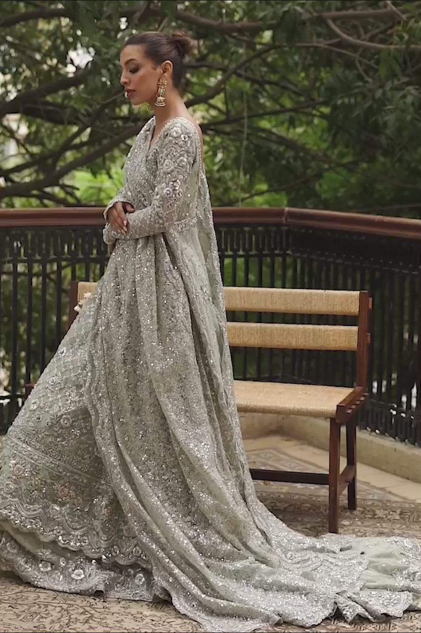 Pakistani Mint Zardozi Net Pishwas Dress (3-Piece) - Image 5