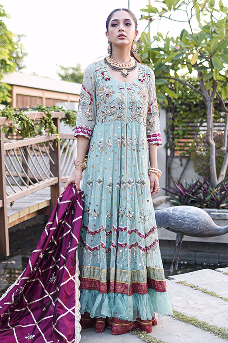 Pakistani Mint Green Embroidered Net Kalidar Pishwas (3-Piece) - Image 1