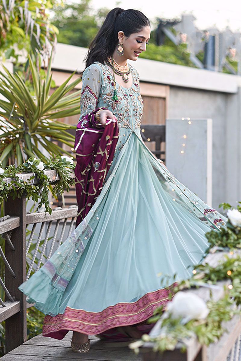 Pakistani Mint Green Embroidered Net Kalidar Pishwas (3-Piece) - Image 10