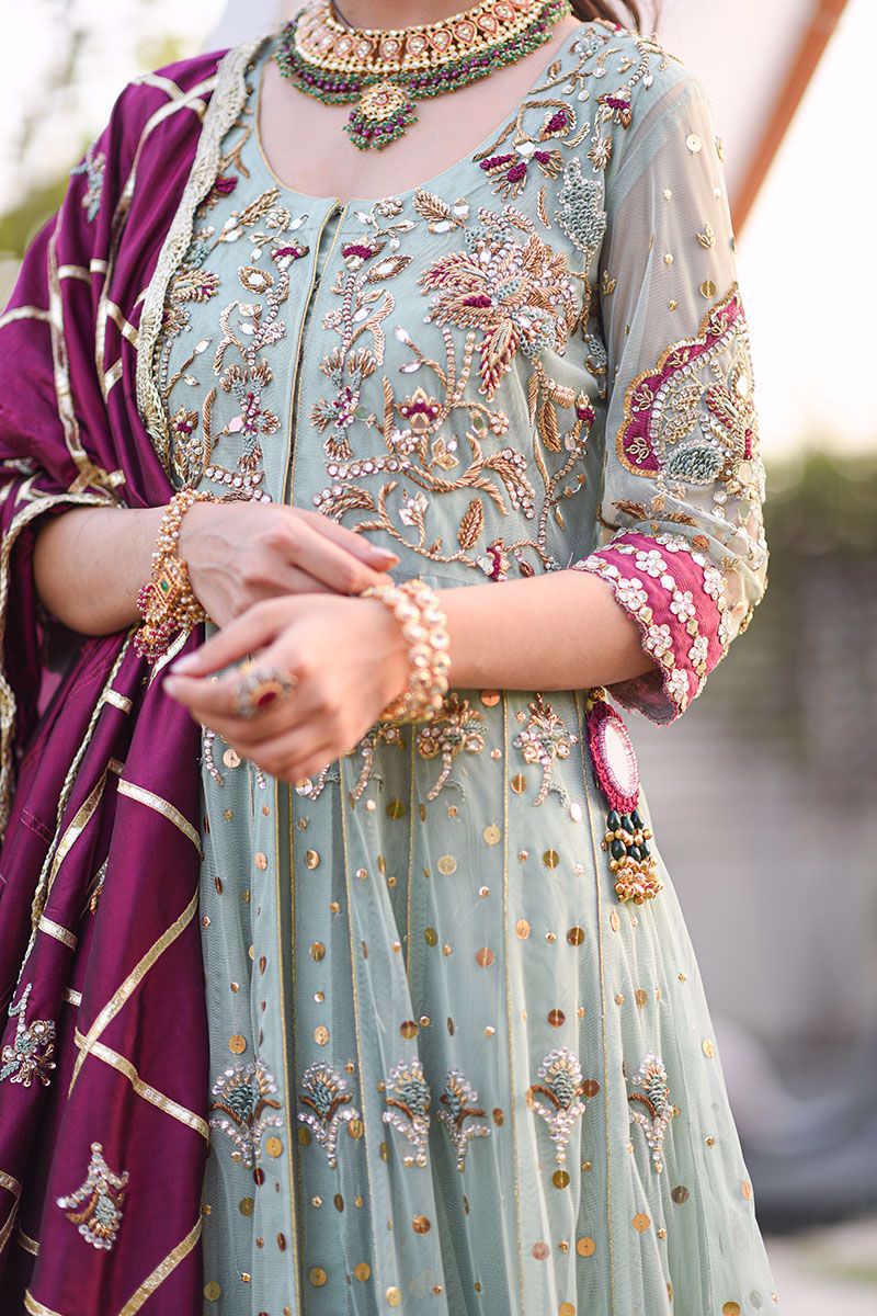 Pakistani Mint Green Embroidered Net Kalidar Pishwas (3-Piece) - Image 12