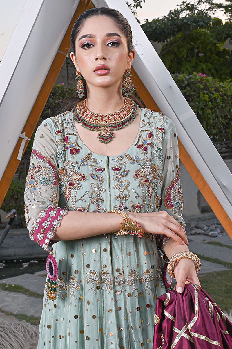 Pakistani Mint Green Embroidered Net Kalidar Pishwas (3-Piece) - Image 13