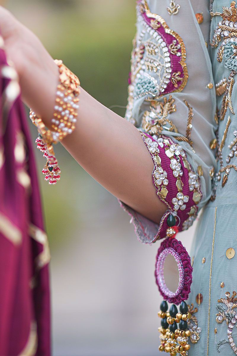 Pakistani Mint Green Embroidered Net Kalidar Pishwas (3-Piece) - Image 2