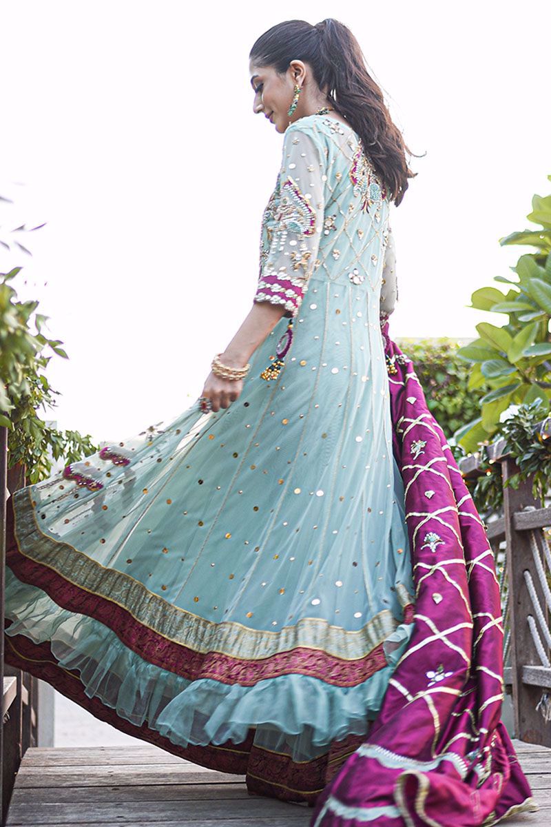 Pakistani Mint Green Embroidered Net Kalidar Pishwas (3-Piece) - Image 3