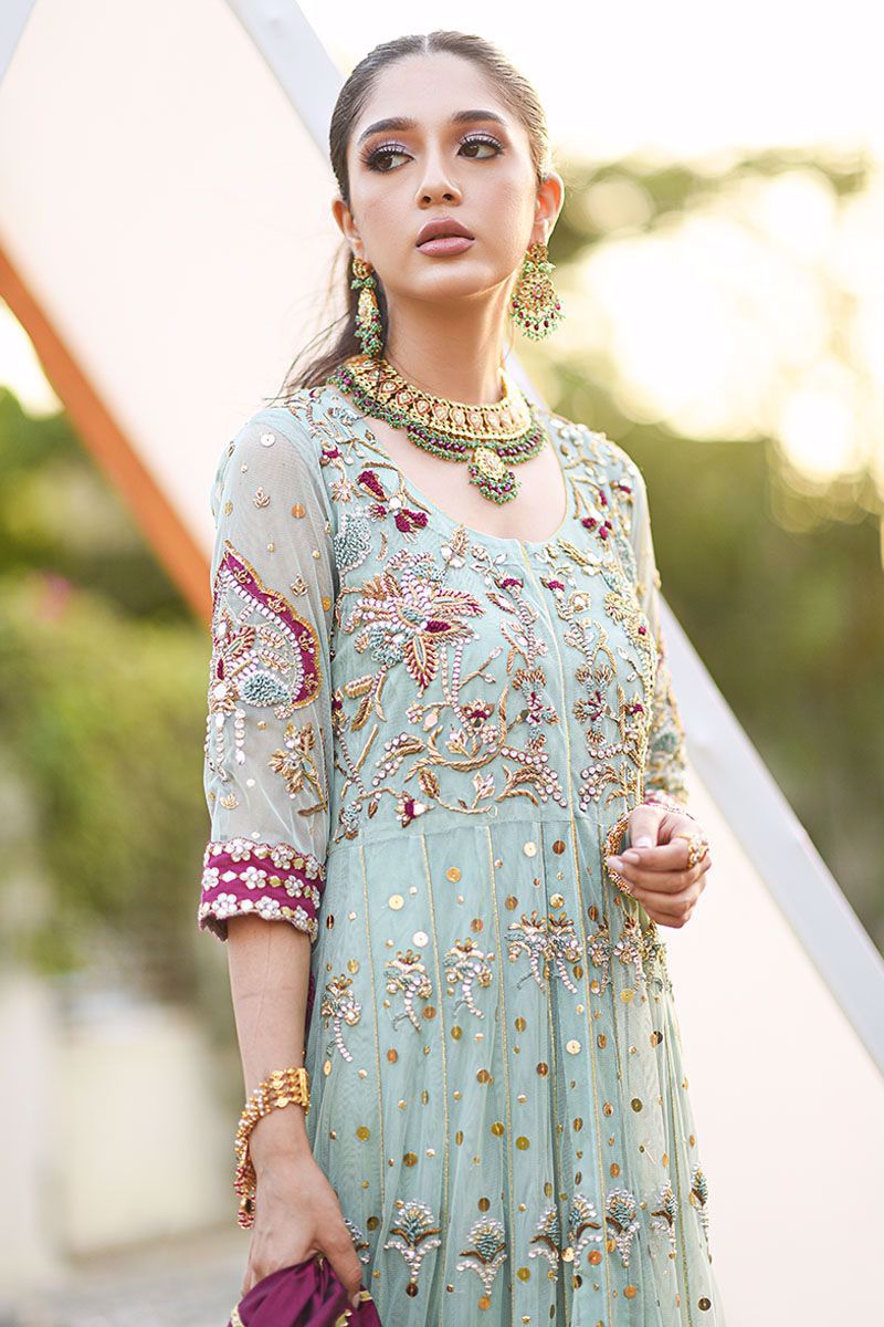 Pakistani Mint Green Embroidered Net Kalidar Pishwas (3-Piece) - Image 4