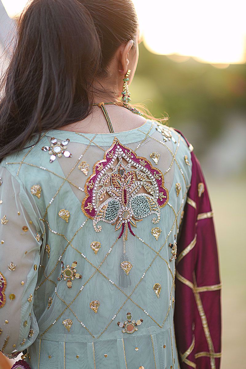 Pakistani Mint Green Embroidered Net Kalidar Pishwas (3-Piece) - Image 5