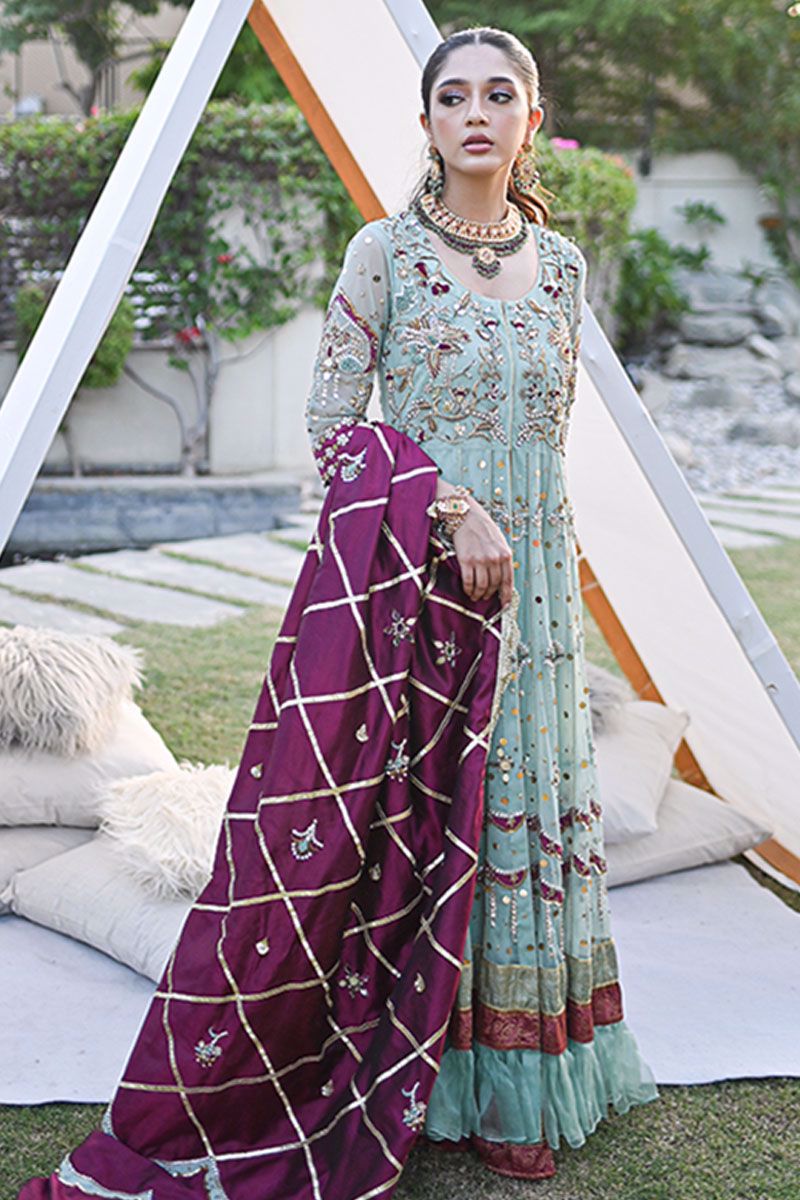 Pakistani Mint Green Embroidered Net Kalidar Pishwas (3-Piece) - Image 6