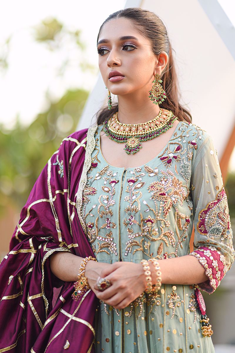 Pakistani Mint Green Embroidered Net Kalidar Pishwas (3-Piece) - Image 7