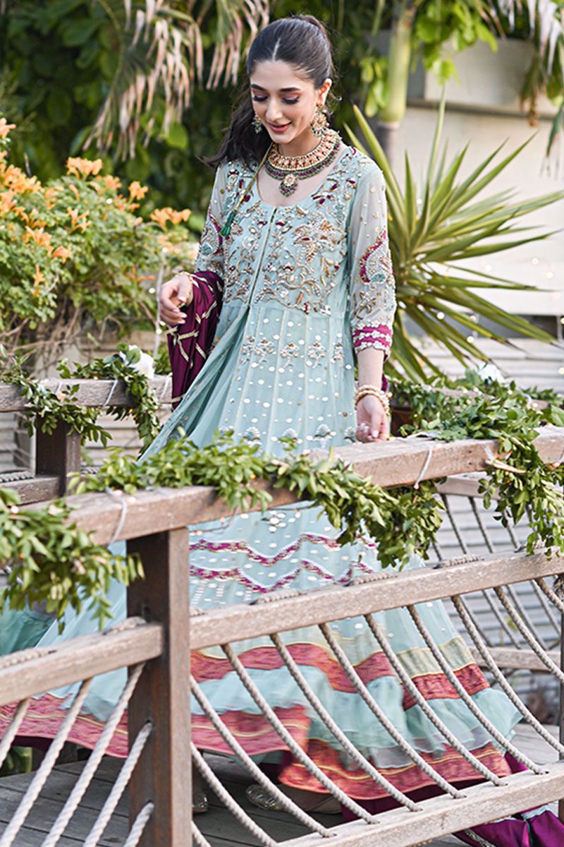 Pakistani Mint Green Embroidered Net Kalidar Pishwas (3-Piece) - Image 8