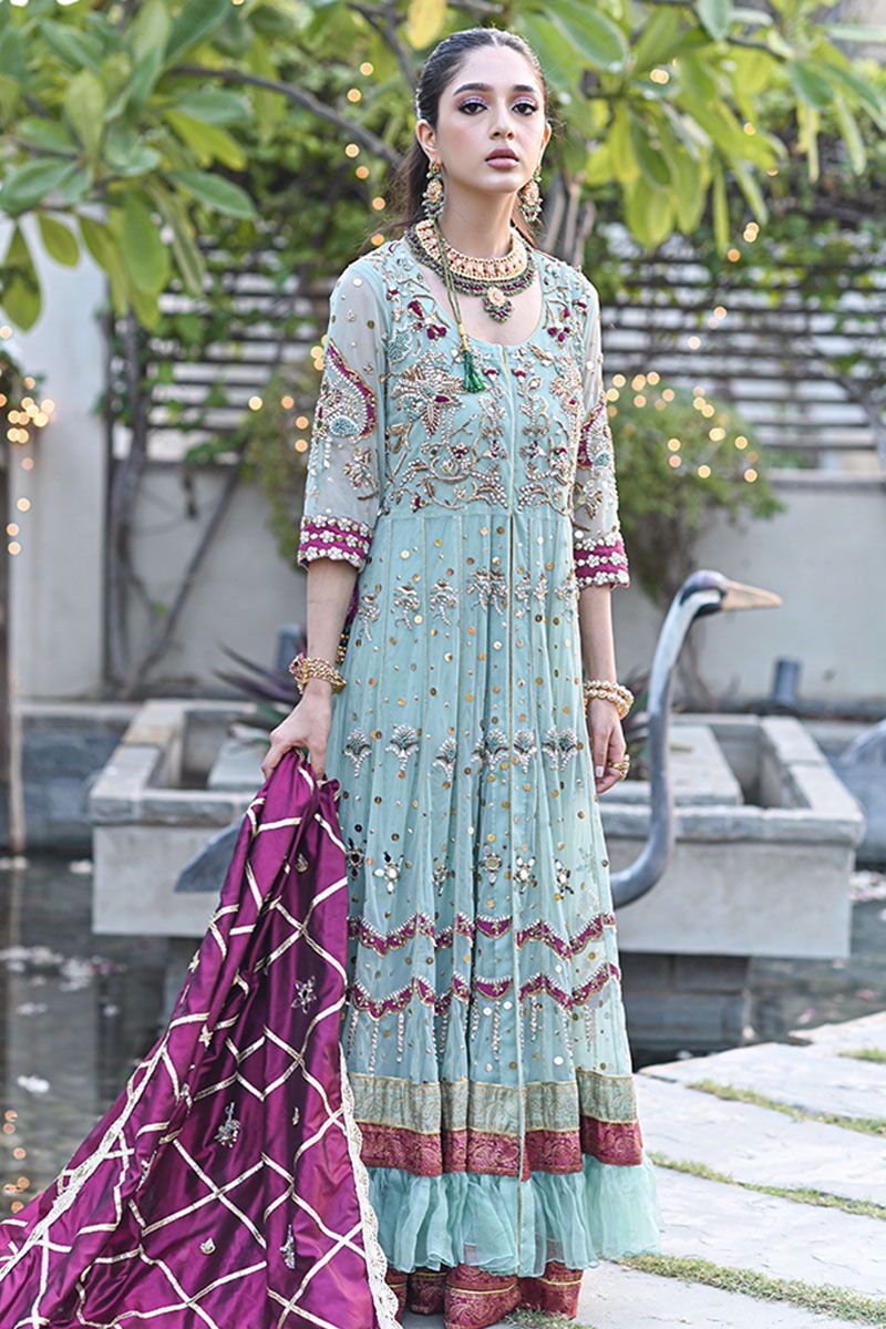 Pakistani Mint Green Embroidered Net Kalidar Pishwas (3-Piece) - Image 9