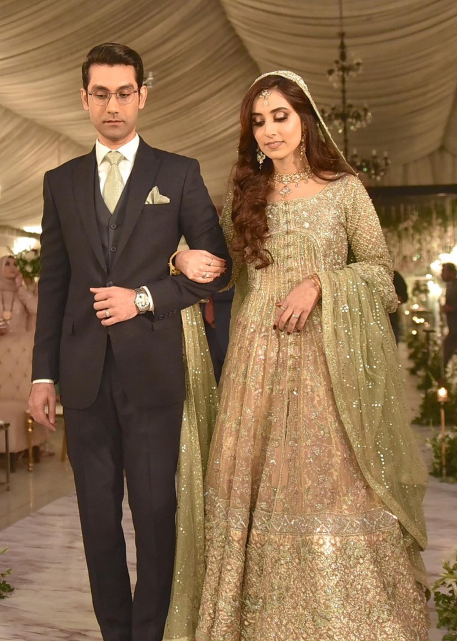 Sage Green Gold Embellished Net Pishwas (3-Piece) - Image 1