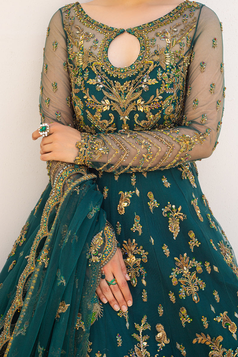Emerald Green Embroidered Net Pishwas Dress (3-Piece) - Image 2