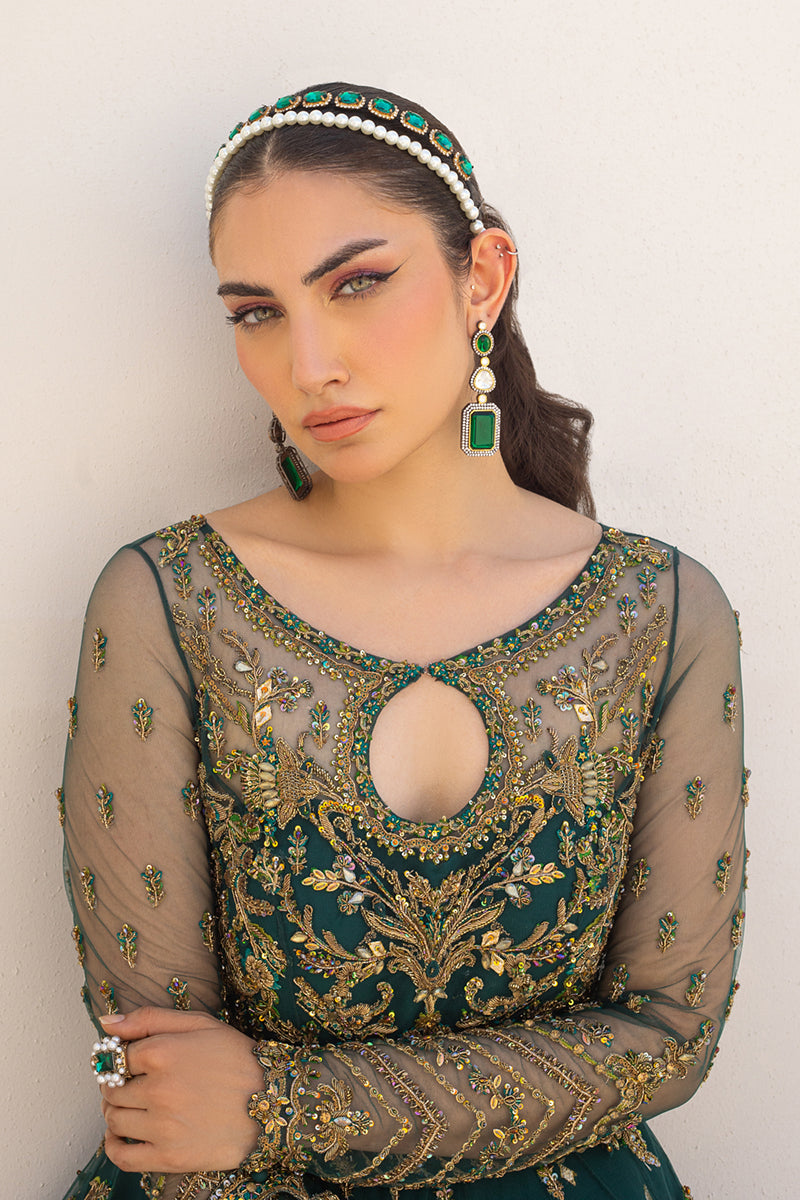 Emerald Green Embroidered Net Pishwas Dress (3-Piece) - Image 4