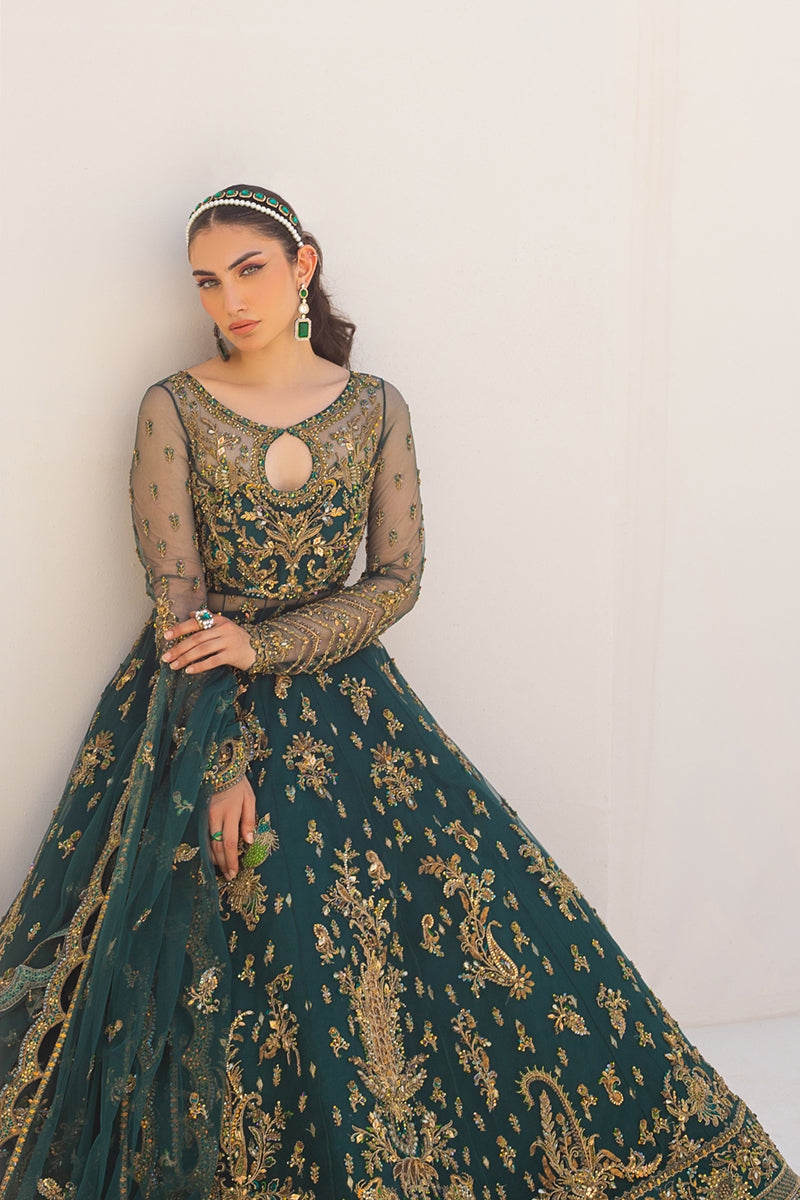 Emerald Green Embroidered Net Pishwas Dress (3-Piece) - Image 5