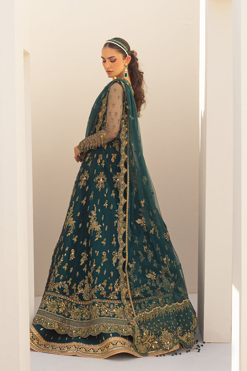 Emerald Green Embroidered Net Pishwas Dress (3-Piece) - Image 6