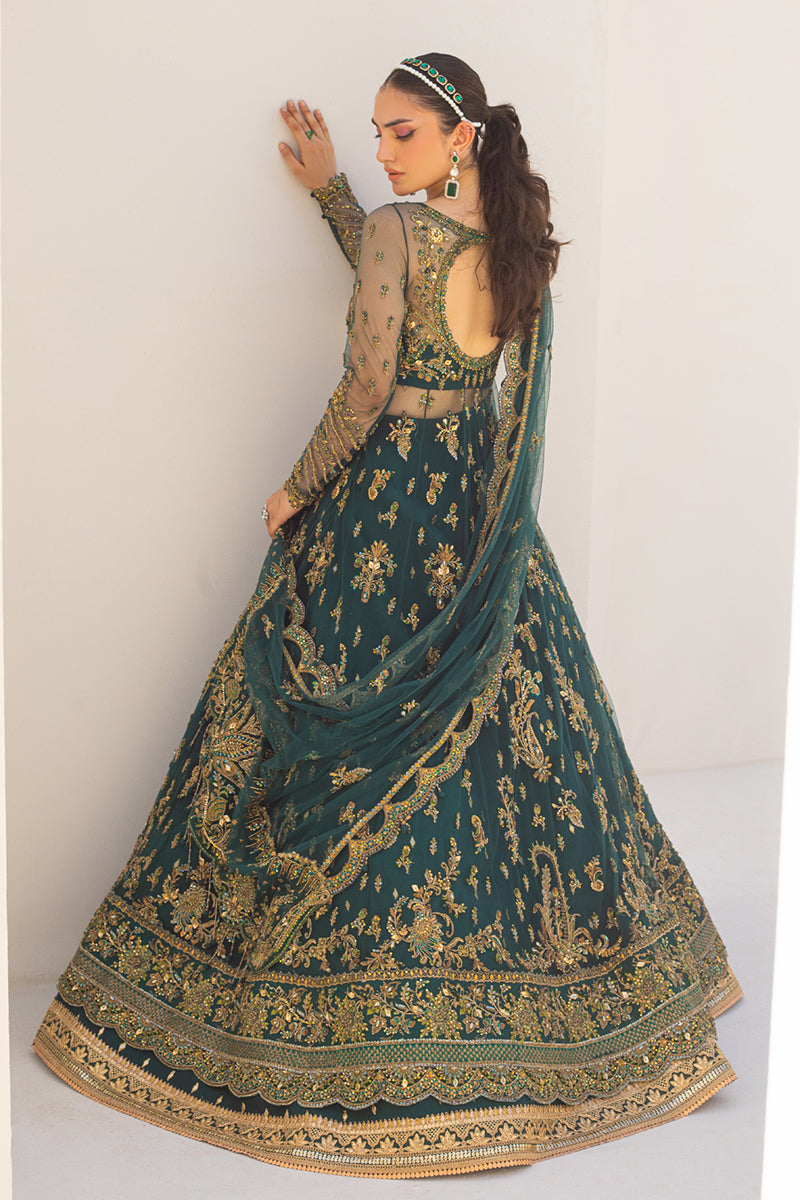 Emerald Green Embroidered Net Pishwas Dress (3-Piece) - Image 7