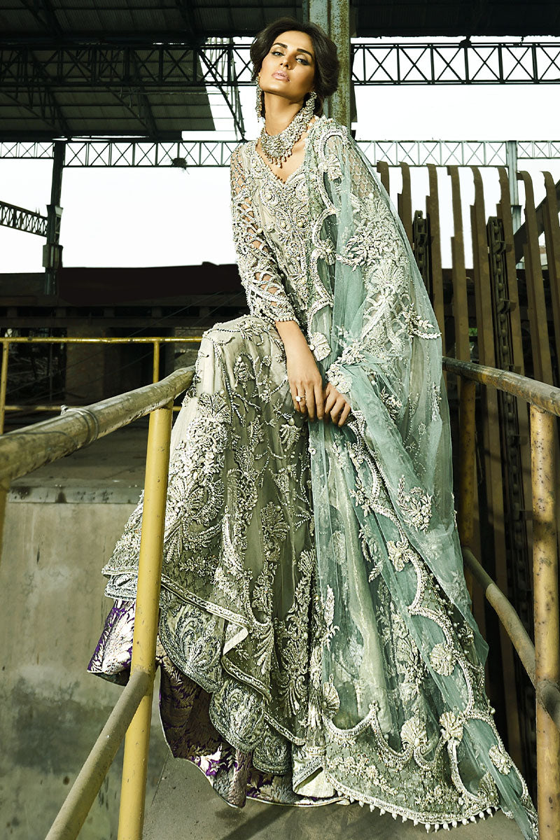 Mint Green Embellished Net & Kamkhaab Pishwas (3-Piece) - Image 1