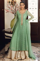 Pakistani Seafoam Green Embroidered Organza Pishwas Dress (3-Piece) - Image 2
