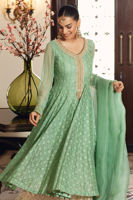 Pakistani Seafoam Green Embroidered Organza Pishwas Dress (3-Piece) - Image 4