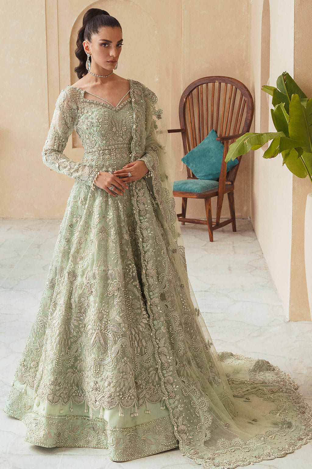 Mint Green Embellished Organza Pishwas Dress (3-Piece) - Image 2