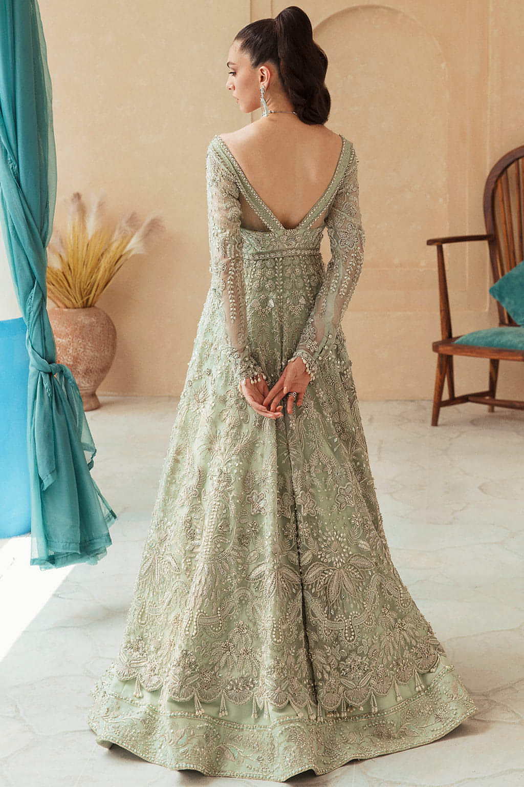 Mint Green Embellished Organza Pishwas Dress (3-Piece) - Image 3