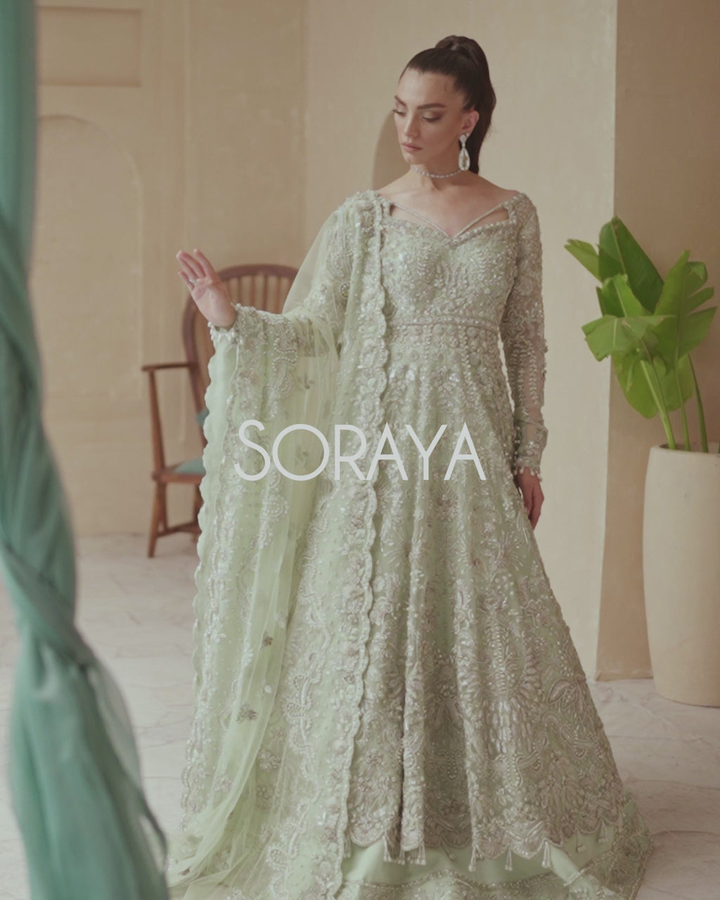 Mint Green Embellished Organza Pishwas Dress (3-Piece) - Image 5