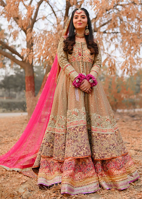 Pakistani Olive Pink Embellished Organza Bridal Pishwas (2-Piece) - Image 1