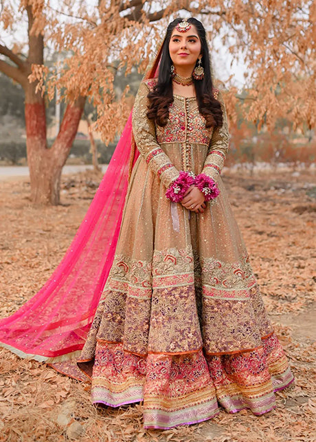 Pakistani Olive Pink Embellished Organza Bridal Pishwas (2-Piece) - Image 2