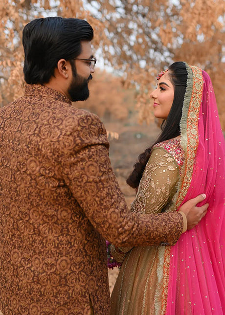 Pakistani Olive Pink Embellished Organza Bridal Pishwas (2-Piece) - Image 3