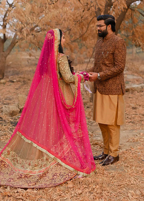 Pakistani Olive Pink Embellished Organza Bridal Pishwas (2-Piece) - Image 4