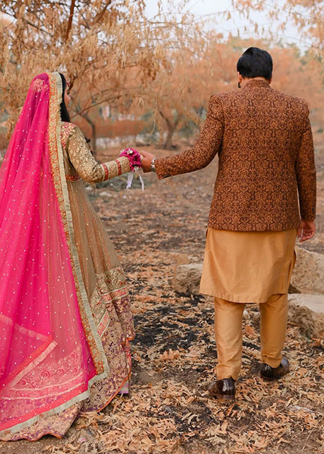 Pakistani Olive Pink Embellished Organza Bridal Pishwas (2-Piece) - Image 6