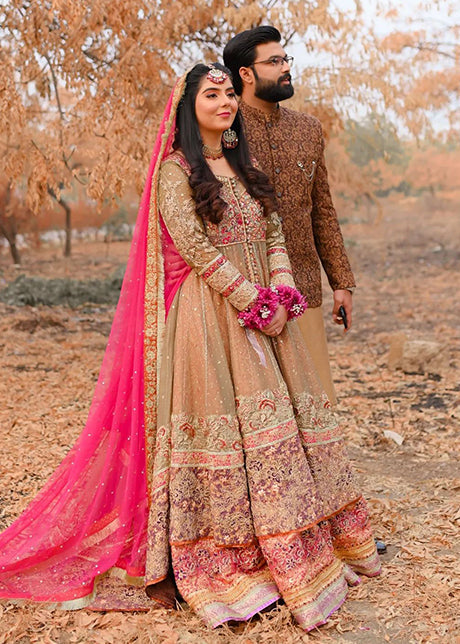 Pakistani Olive Pink Embellished Organza Bridal Pishwas (2-Piece) - Image 7