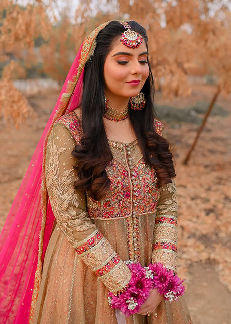 Pakistani Olive Pink Embellished Organza Bridal Pishwas (2-Piece) - Image 8