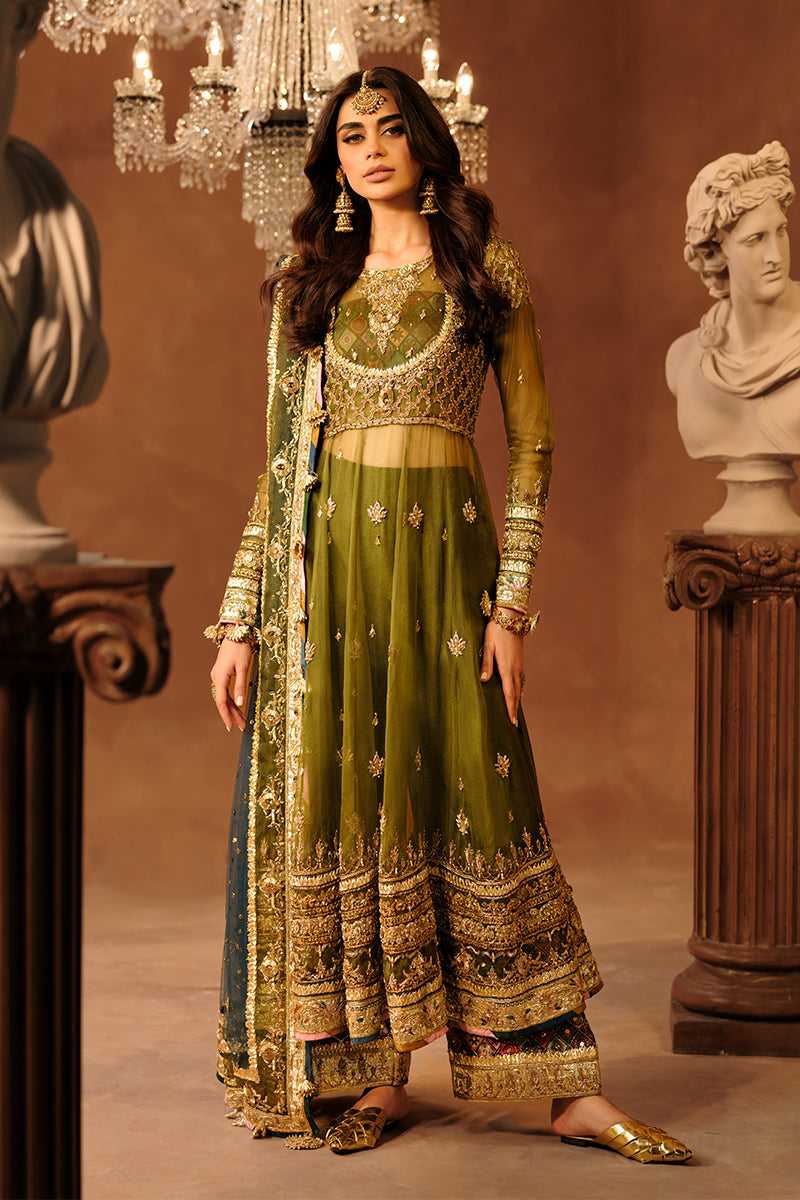 Olive Green Embroidered Organza Pishwas Dress (3-Piece) - Image 1