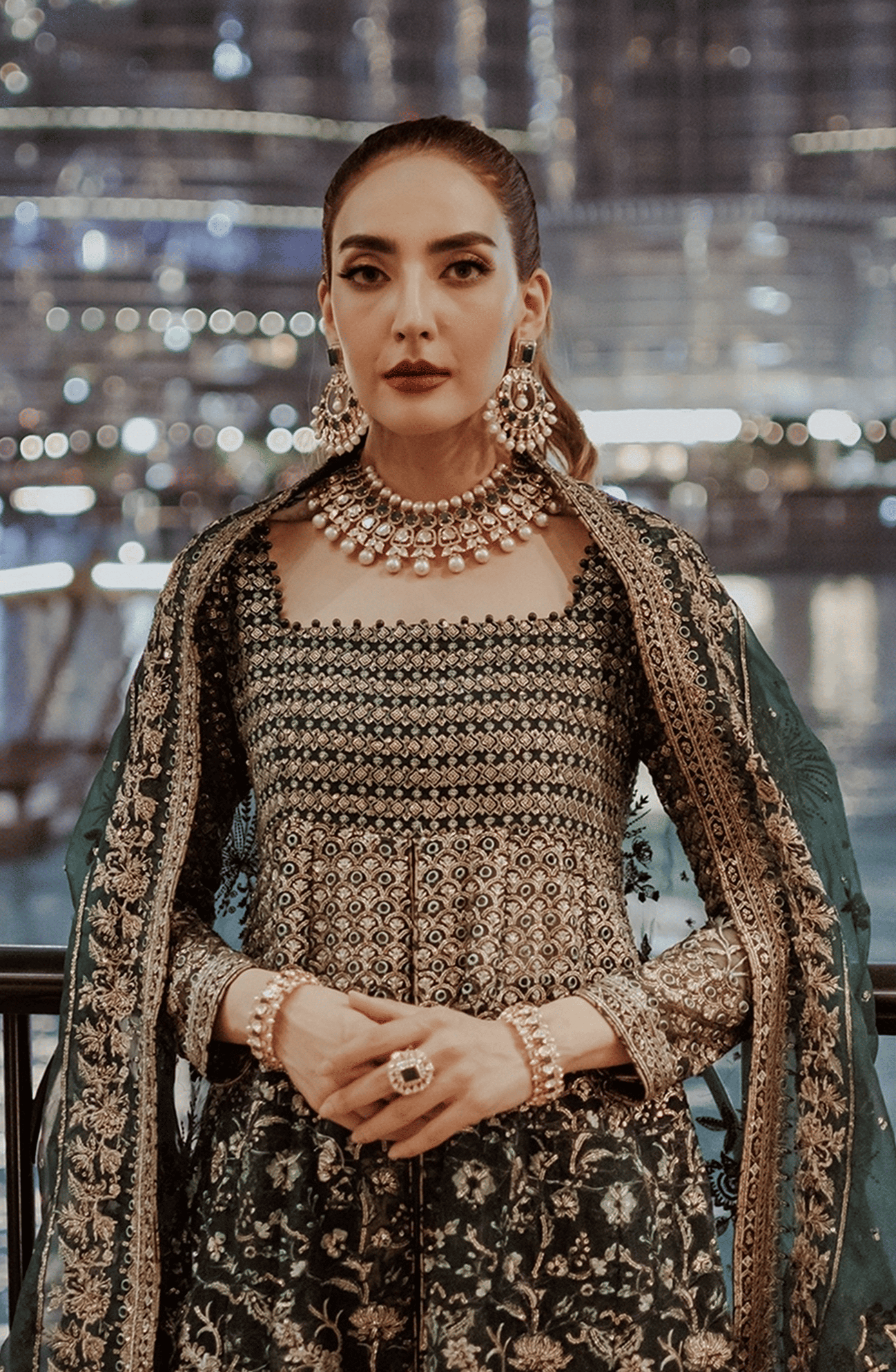 Emerald Green Embroidered Organza Pishwas (3-Piece) - Image 5