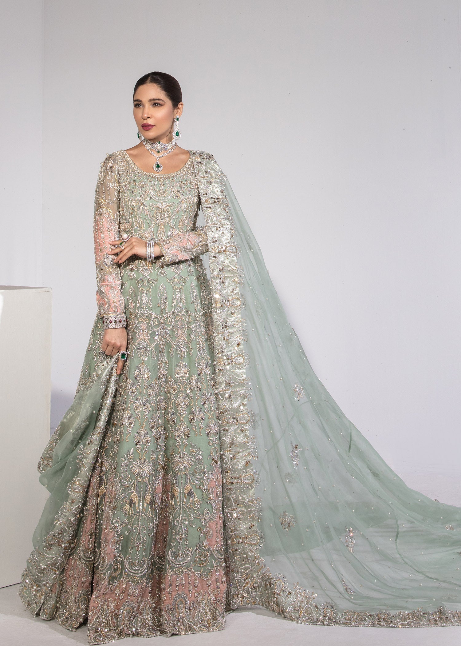 Pakistani Mint Hand-Embellished Kathan Organza Pishwas (2-Piece) - Image 1