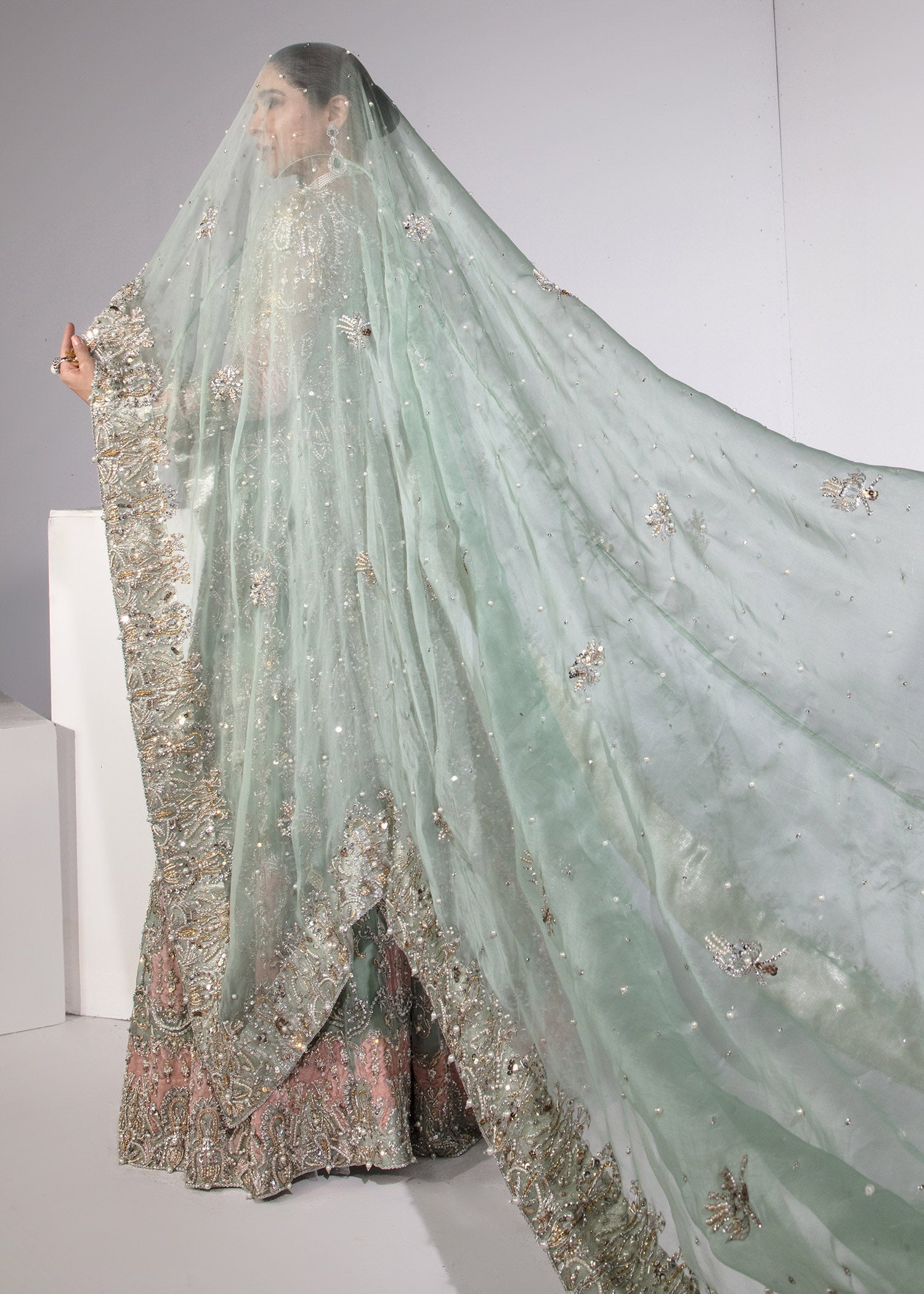 Pakistani Mint Hand-Embellished Kathan Organza Pishwas (2-Piece) - Image 3