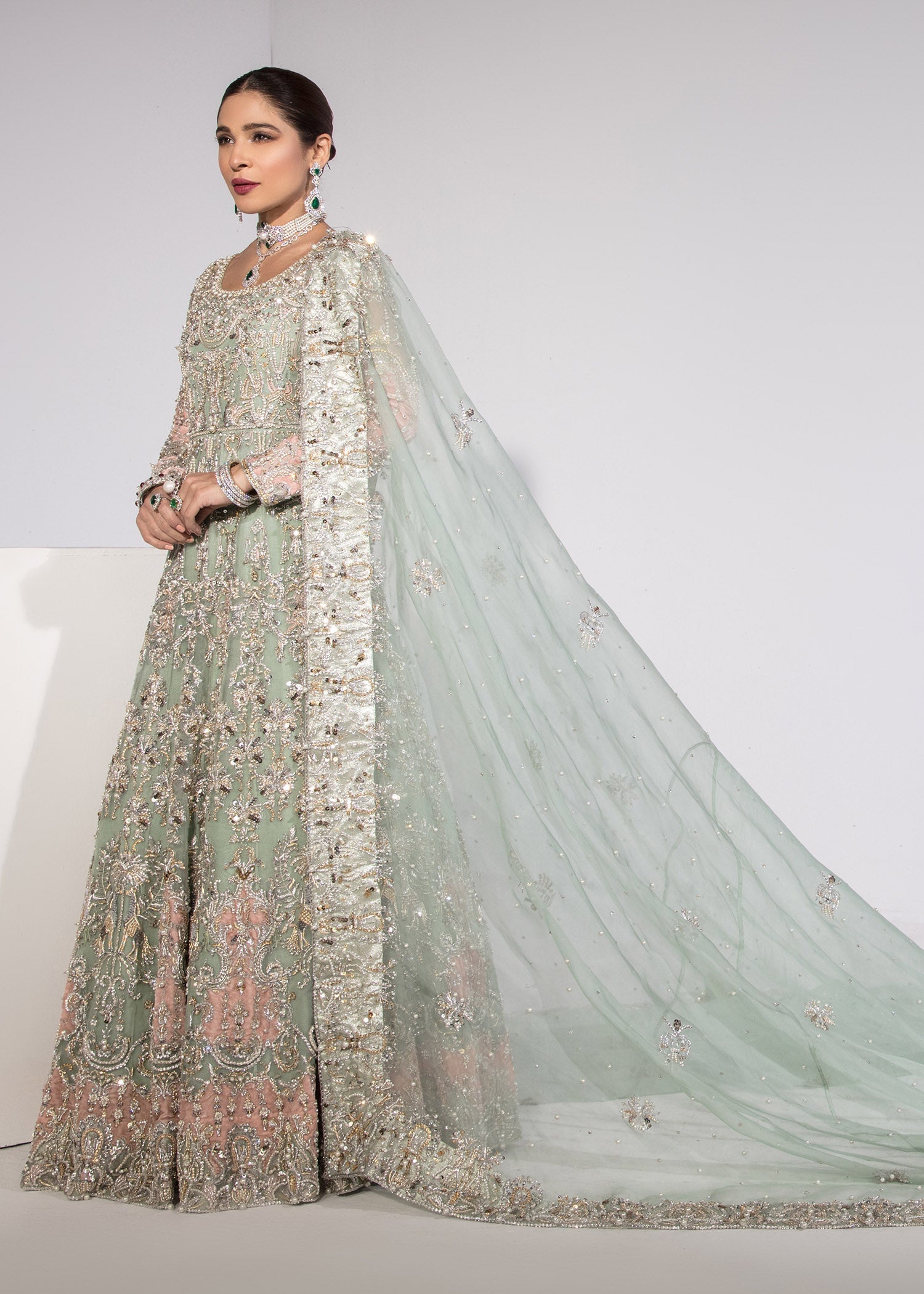 Pakistani Mint Hand-Embellished Kathan Organza Pishwas (2-Piece) - Image 4