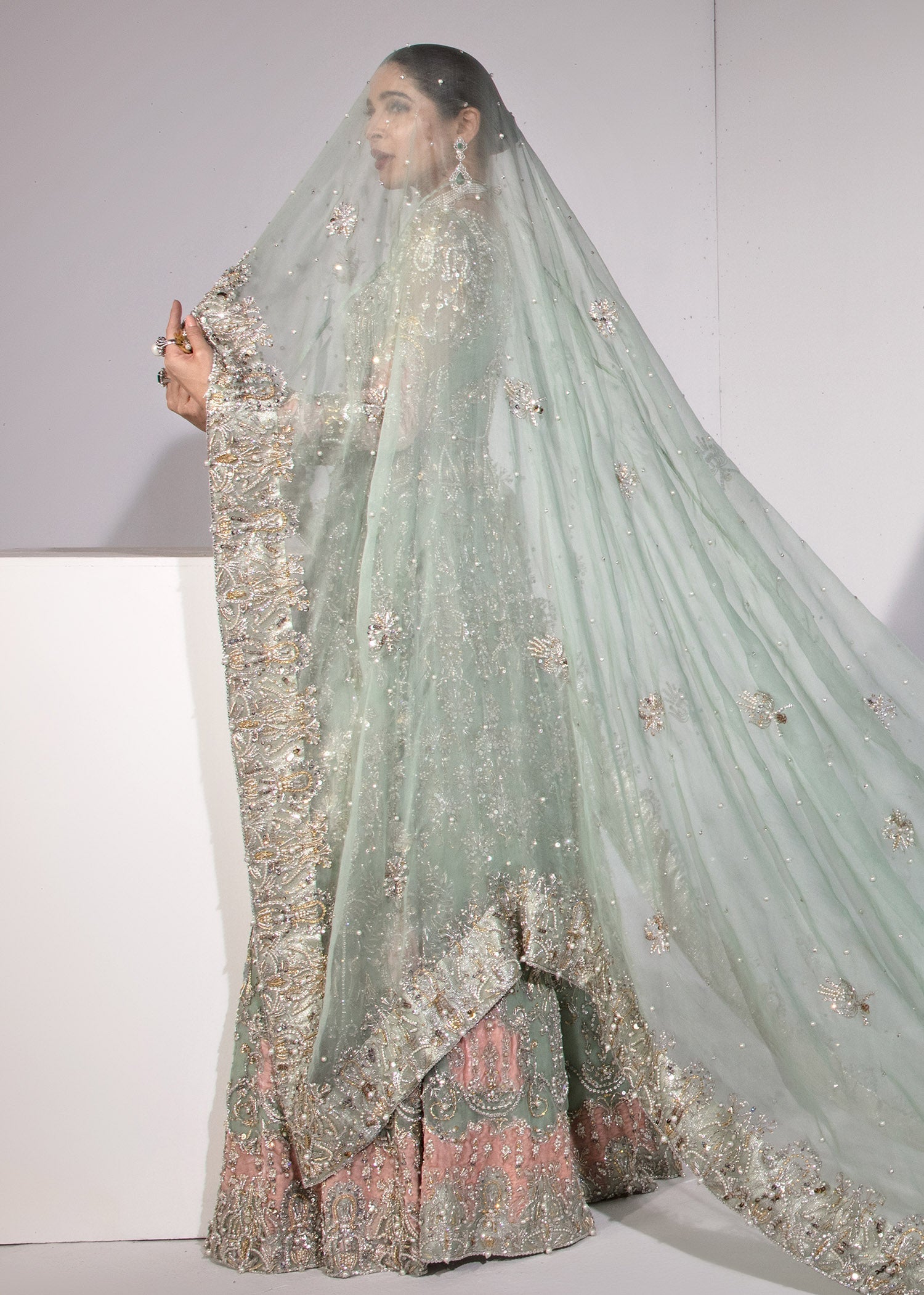 Pakistani Mint Hand-Embellished Kathan Organza Pishwas (2-Piece) - Image 5