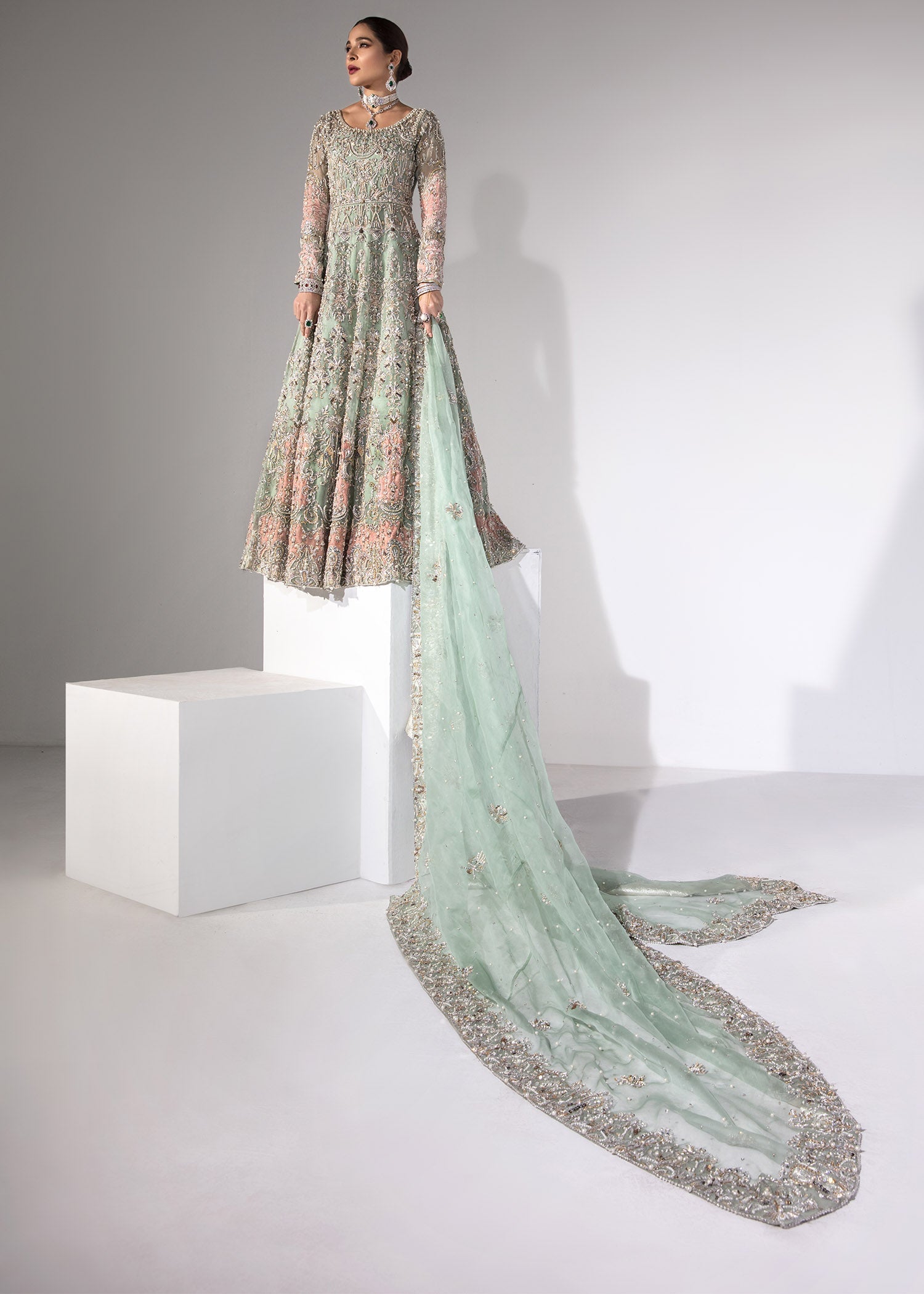 Pakistani Mint Hand-Embellished Kathan Organza Pishwas (2-Piece) - Image 6