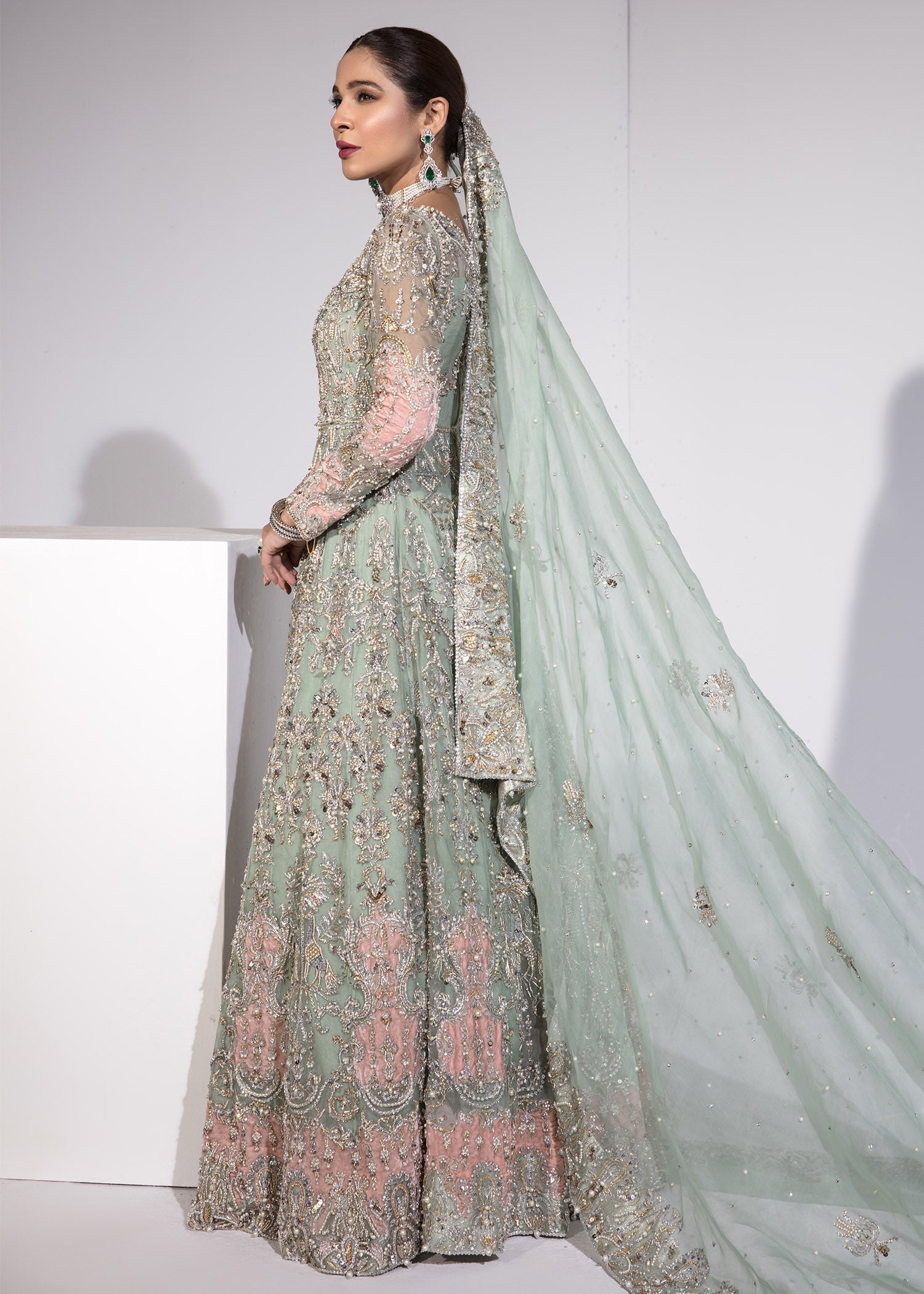 Pakistani Mint Hand-Embellished Kathan Organza Pishwas (2-Piece) - Image 7