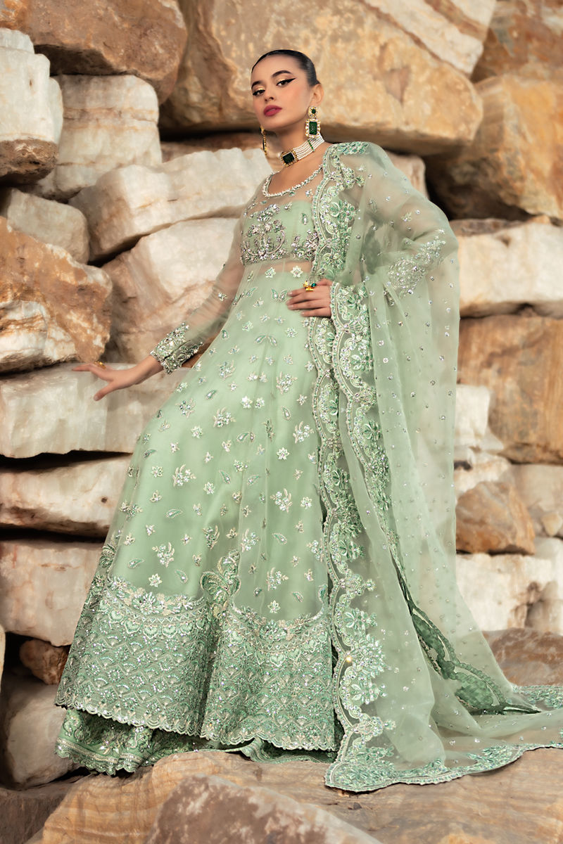 Pista Green Embroidered Organza Pishwas & Korean Silk Lehenga (3-Piece) - Image 1