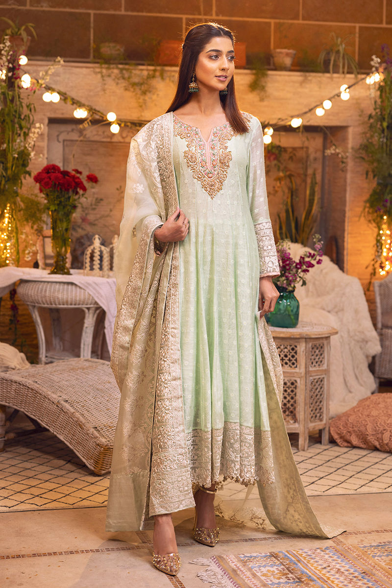 Pistachio Green Embroidered Pishwas Dress (2-Piece) - Image 1