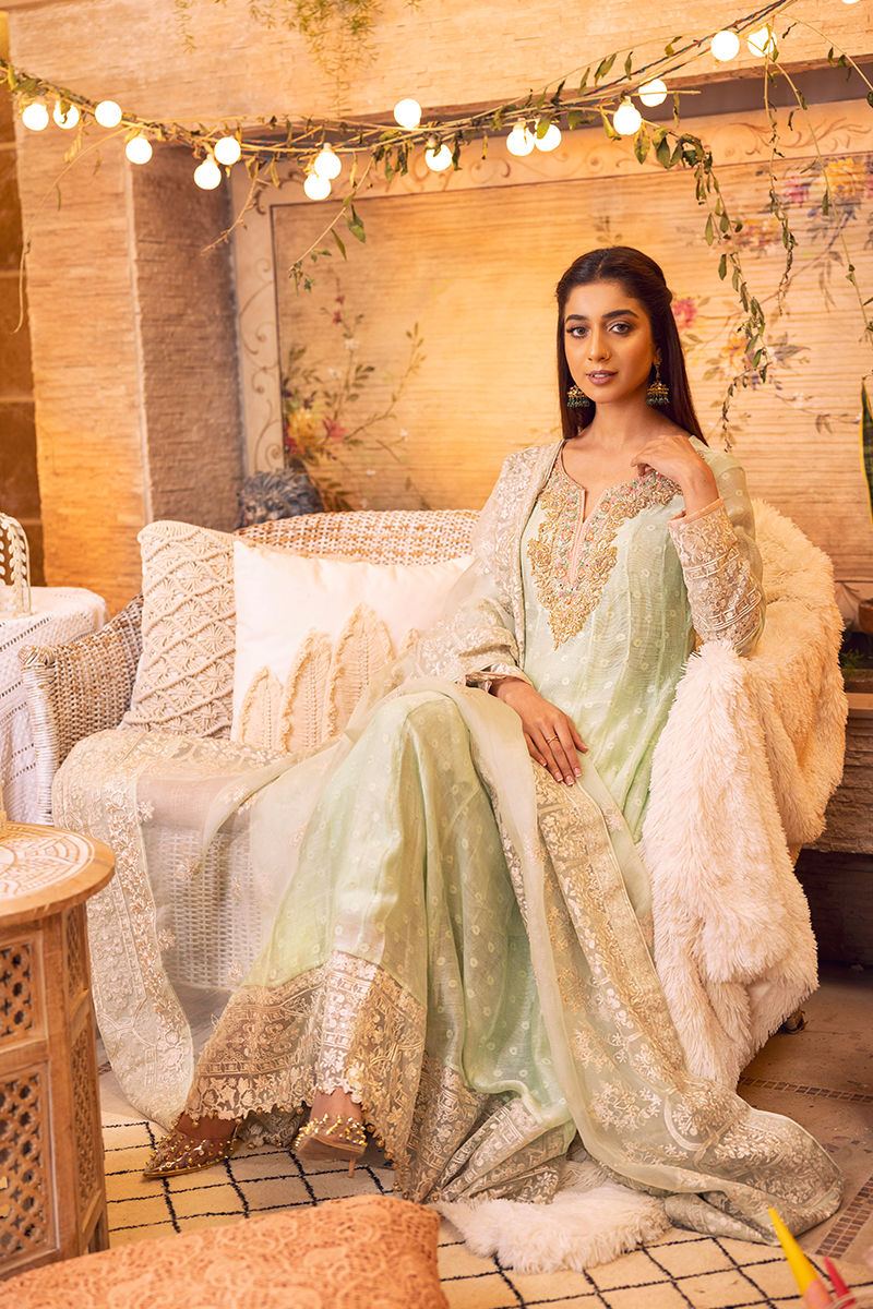 Pistachio Green Embroidered Pishwas Dress (2-Piece) - Image 2