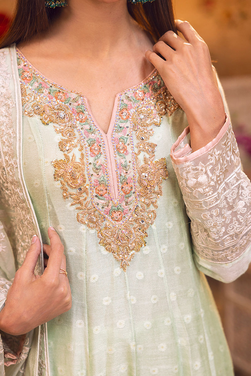 Pistachio Green Embroidered Pishwas Dress (2-Piece) - Image 3