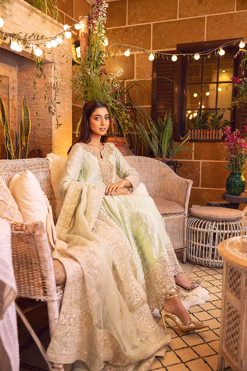 Pistachio Green Embroidered Pishwas Dress (2-Piece) - Image 4