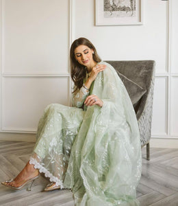 Pakistani Pastel Green Embroidered Organza Peshwas (3-Piece) - Image 1
