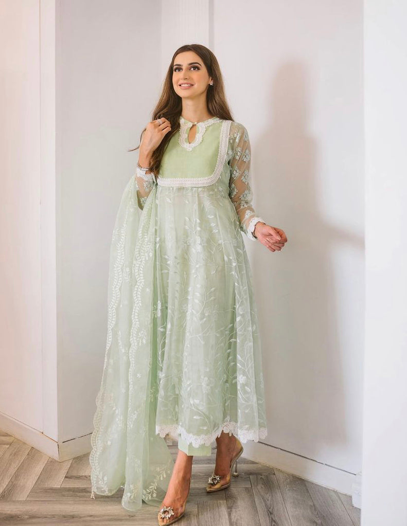 Pakistani Pastel Green Embroidered Organza Peshwas (3-Piece) - Image 2