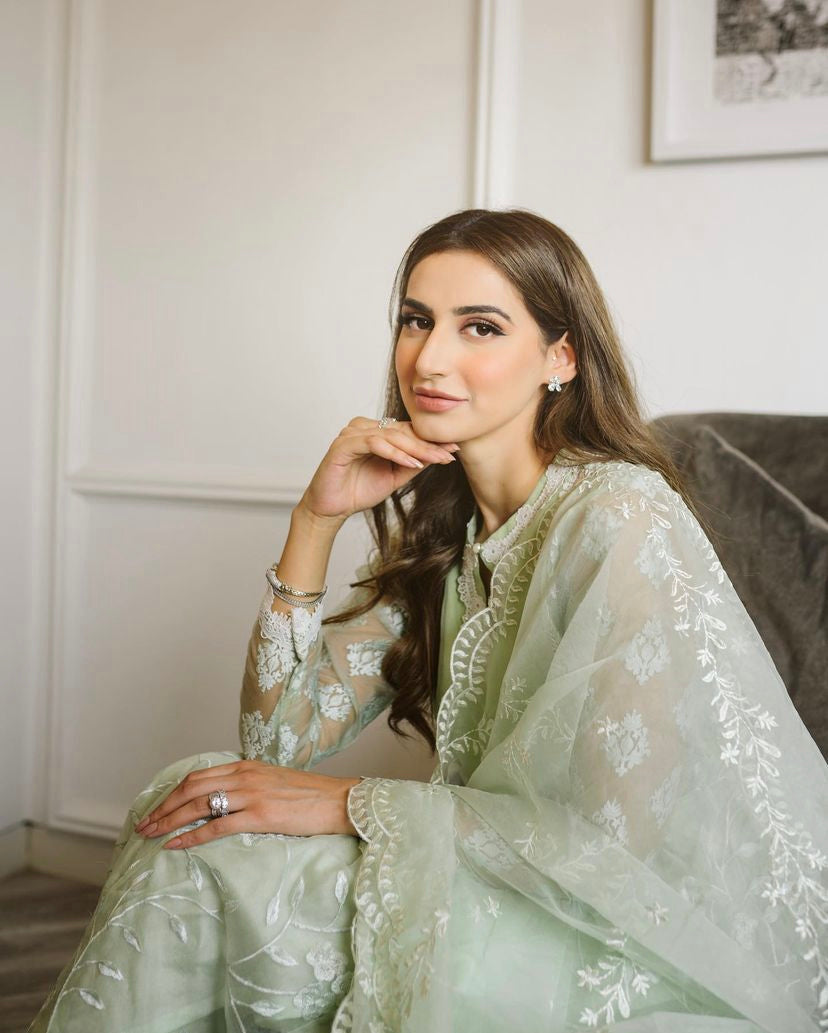 Pakistani Pastel Green Embroidered Organza Peshwas (3-Piece) - Image 4